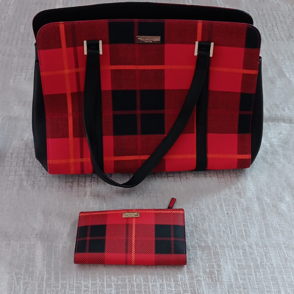 Kate Spade Red and Black Plaid Tote With New Matching Wallet